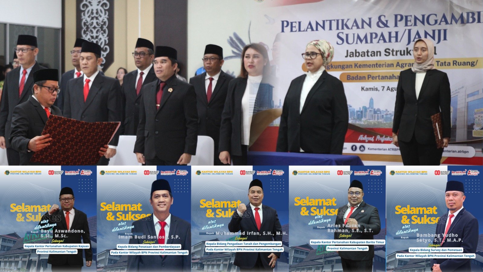 Kepala Kantor Wilayah BPN Provinsi Kalimantan Tengah Lantik 5 Pejabat Struktural Baru