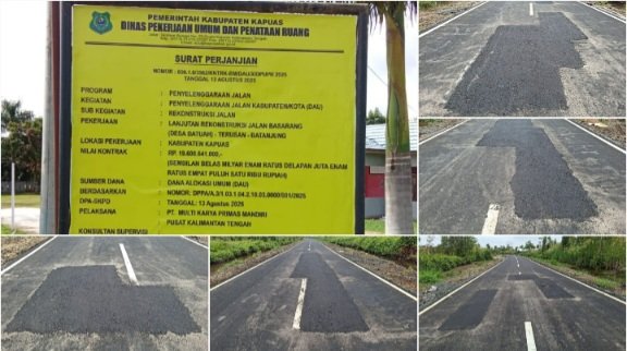 Belum Seumur Jagung Aspal Proyek Lanjutan Rekonstruksi Jalan Desa Basarang (Desa Batuah) – Terusan – Batanjung Rp19,6 Miliar Telah Tambal Sulam, Kadis PUPR Kapuas Bungkam?