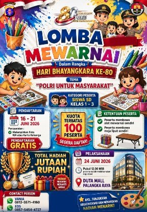 Polda Kalteng Gelar Lomba Mewarnai untuk Siswa SD Kelas 1-3, Pendaftaran 16-21 Juni 2026